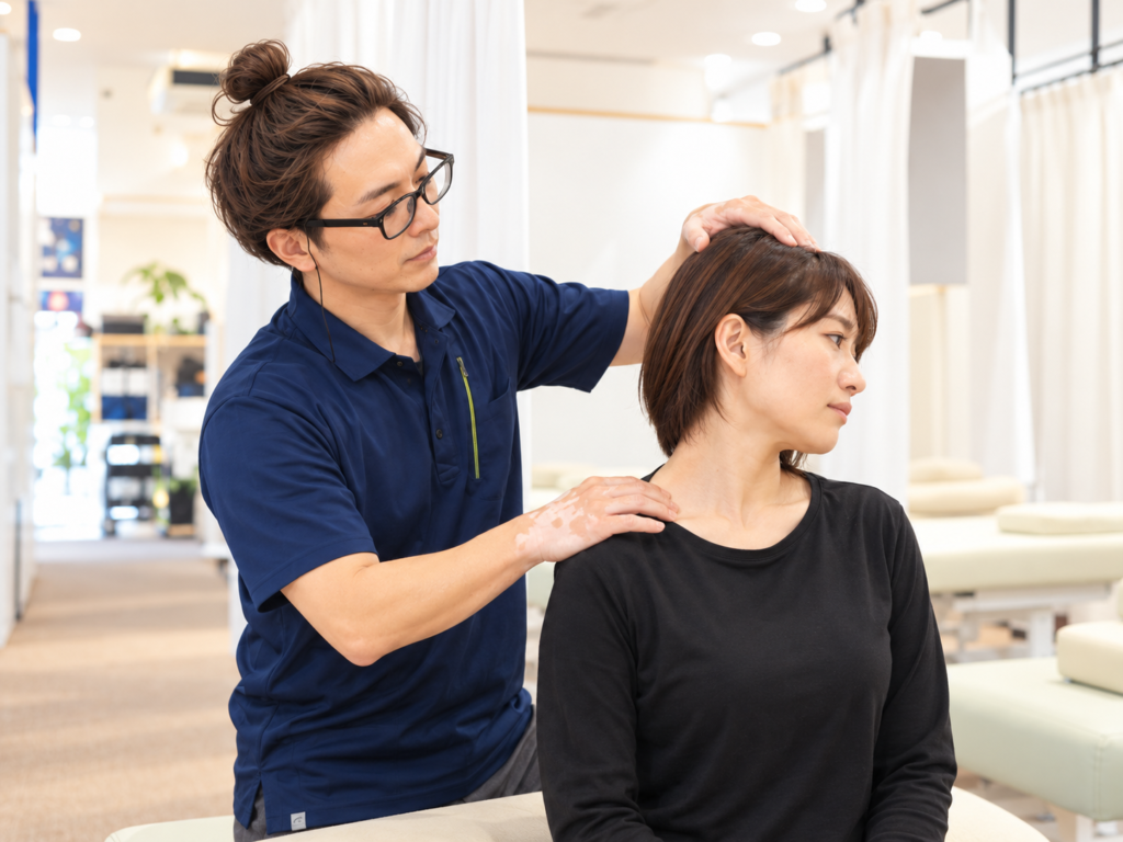 ほんごう接骨院の院内で、交通事故の患者さんの首を確認している様子